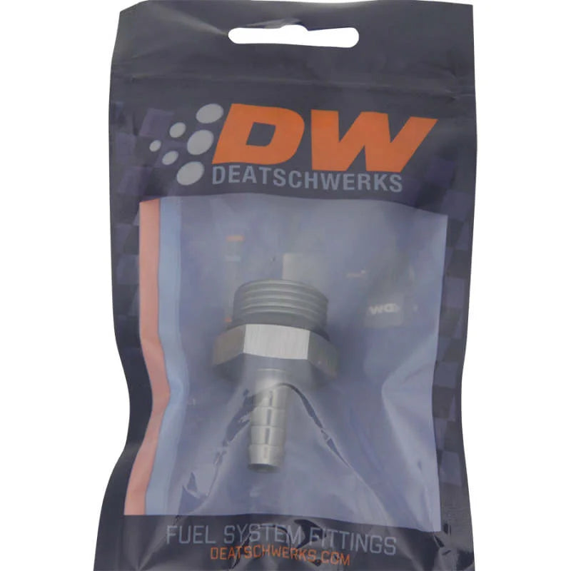 DeatschWerks 10AN ORB Male to 5/16in Male Triple Barb Fitting (Incl O-Ring) - Anodized DW Titanium - Side View