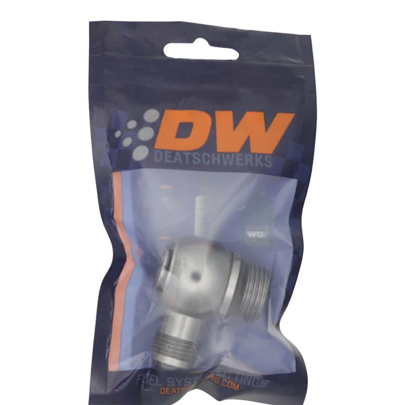 DeatschWerks 10AN ORB Male to 8AN Male Flare Low Profile 90-Degree Swivel - Anodized DW Titanium - Side View