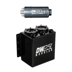 DeatschWerks 2.5L Modular Surge Tank (Incl. 1 DW250iL In-Line Fuel Pump) - Side View