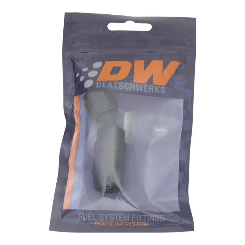 DeatschWerks 6 AN Female Flare Swivel 30-Degree Hose End CPE - Anodized Matte Black - Side View
