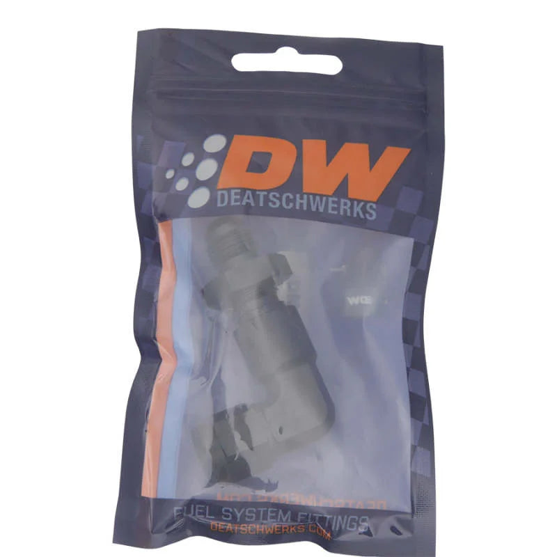 DeatschWerks 6AN Female Flare Swivel to 6AN Male Flare 90-Degree Bulkhead - Anodized Matte Black - Side View