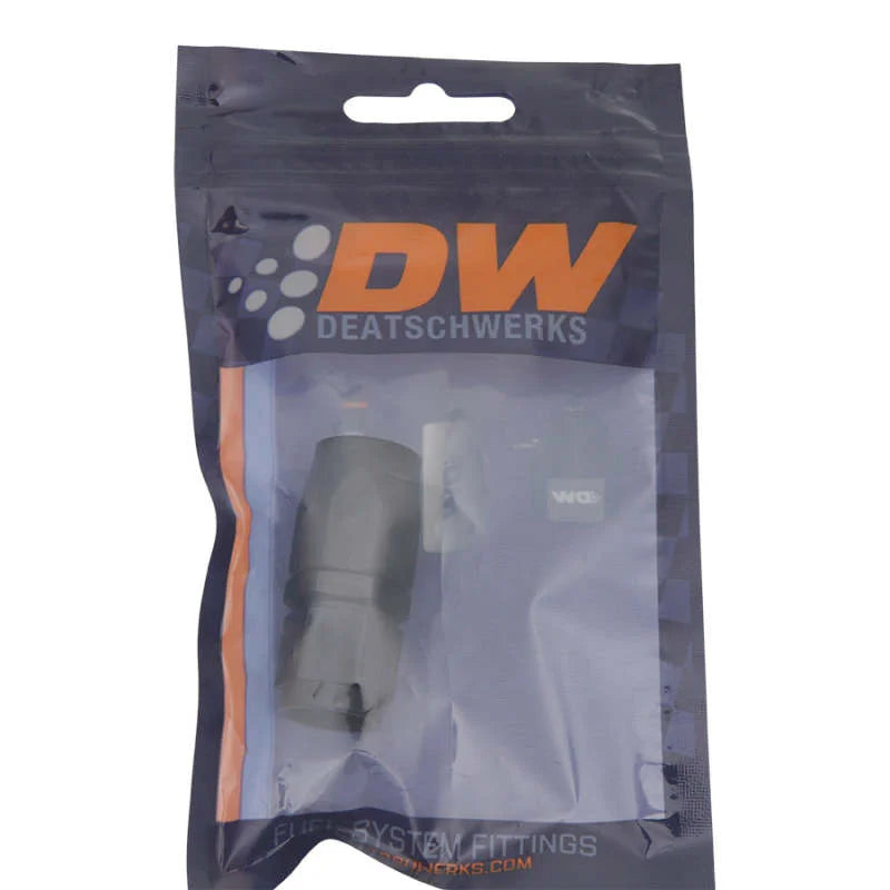 DeatschWerks 6AN Female Swivel Strait Hose End CPE - Anodized Matte Black - Side View