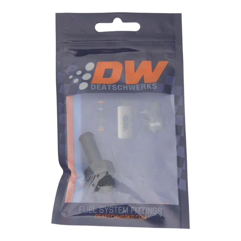 DeatschWerks 6AN ORB Male to 3/8in Male Barb Fitting (Incl O-Ring) - Anodized Matte Black - Side View