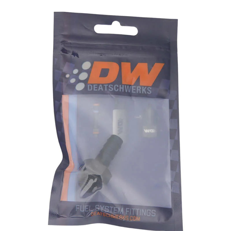 DeatschWerks 6AN ORB Male to 3/8in Male Triple Barb Fitting (Incl O-Ring) - Anodized Matte Black - Side View