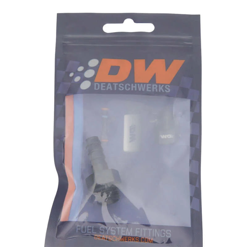 DeatschWerks 6AN ORB Male to 5/16in Male Triple Barb Fitting (Incl O-Ring) - Anodized Matte Black - Side View