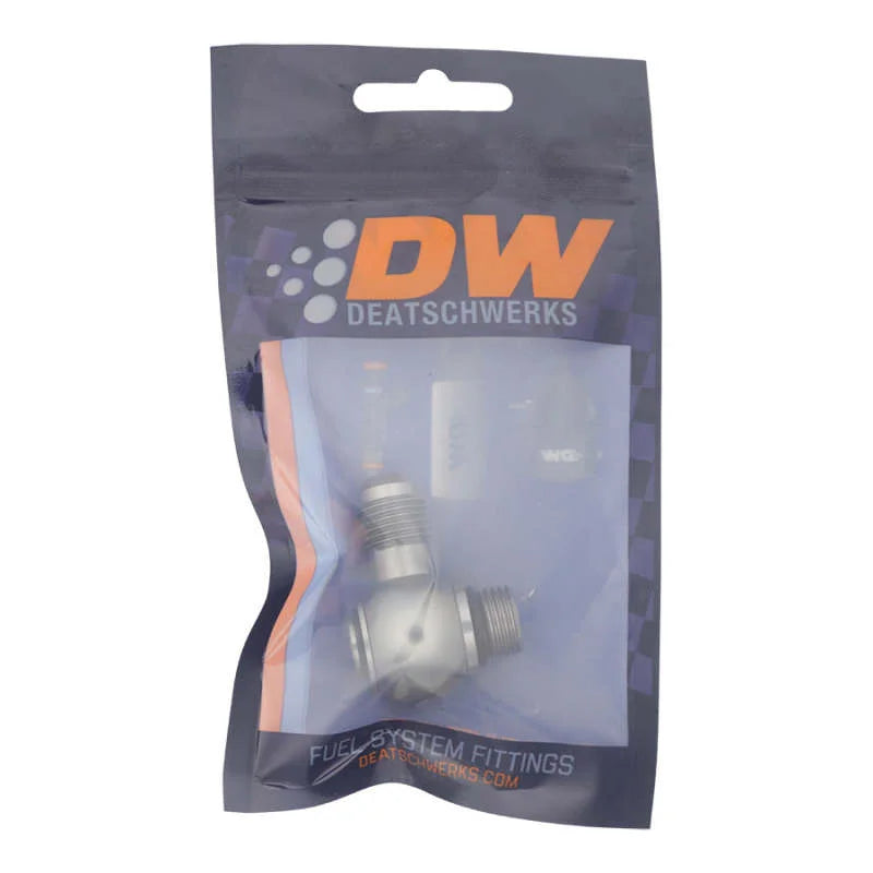 DeatschWerks 6AN ORB Male to 6AN Male Flare Low Profile 90-Degree Swivel - Anodized DW Titanium - Side View