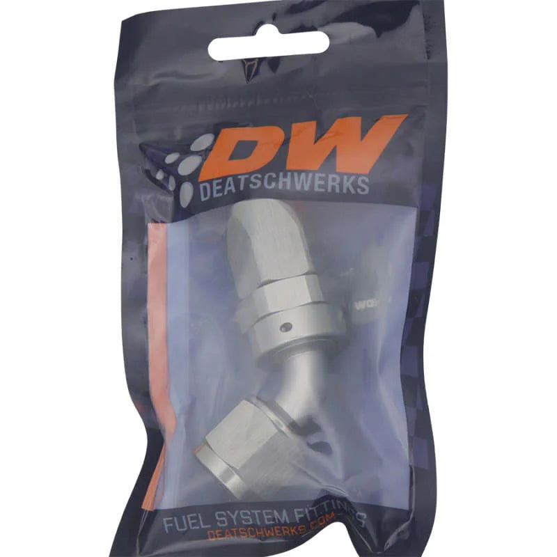 DeatschWerks 8 AN Female Flare Swivel 60-degree Hose End CPE - Anodized DW Titanium - Back View