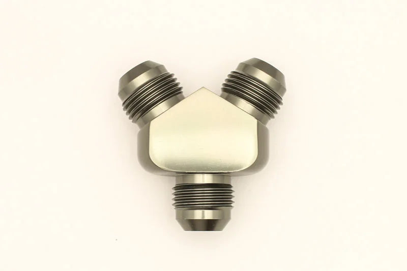 DeatschWerks 8AN Male Flare + 8AN Male Flare To 8AN Male Flare Y-Block Fitting - Side View