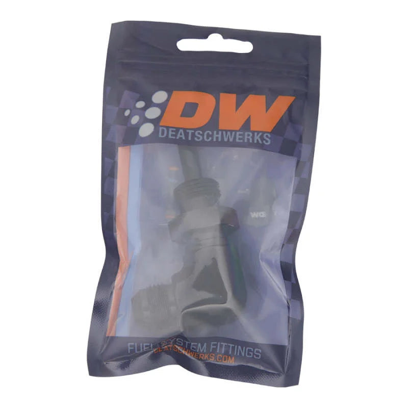 DeatschWerks 8AN Male Flare to 5/16in Male Barb Bulkhead Adapter 90-Degree - Anodized Matte Black - Side View