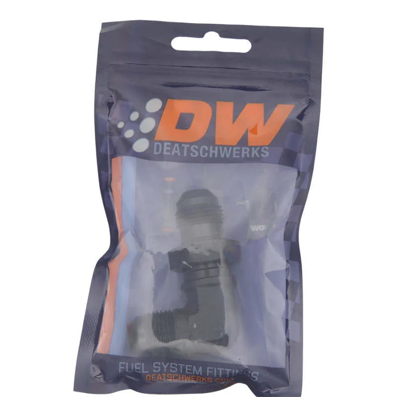 DeatschWerks 8AN Male Flare to 8AN Male Flare Bulkhead Adapter 90-Degree - Anodized Matte Black - Side View