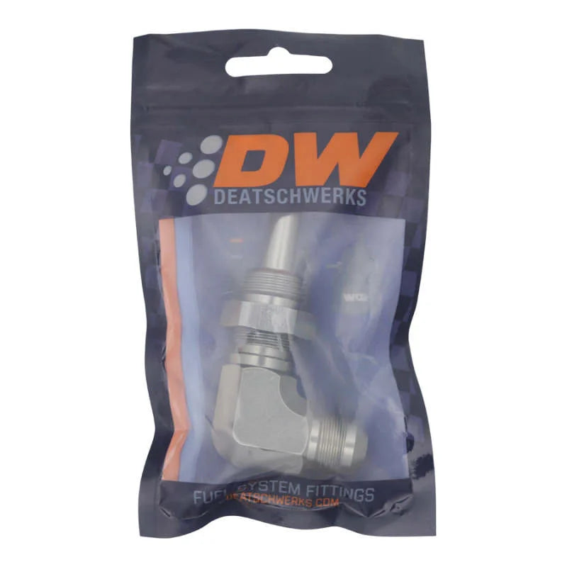 DeatschWerks 8AN Male Flare to 90-Degree 3/8in Single Hose Barb - Anodized DW Titanium - Side View