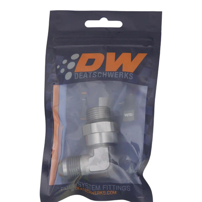 DeatschWerks 8AN ORB Male Swivel to 8AN Male Flare 90-Degree Fitting - Anodized DW Titanium - Side View