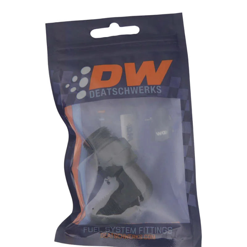 DeatschWerks 8AN ORB Male Swivel to 8AN Male Flare 90-Degree Fitting - Anodized Matte Black - Side View