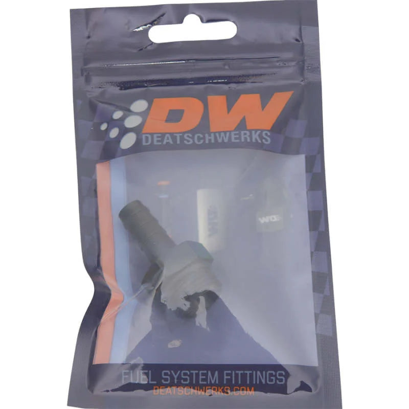DeatschWerks 8AN ORB Male to 3/8in Male Triple Barb Fitting (Incl O-Ring) - Anodized Matte Black - Side View
