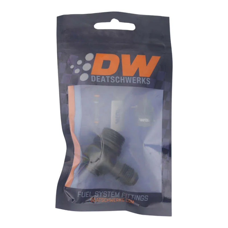DeatschWerks 8AN ORB Male to 6AN Male Flare Low Profile 90-Degree Swivel - Anodized Matte Black - Side View
