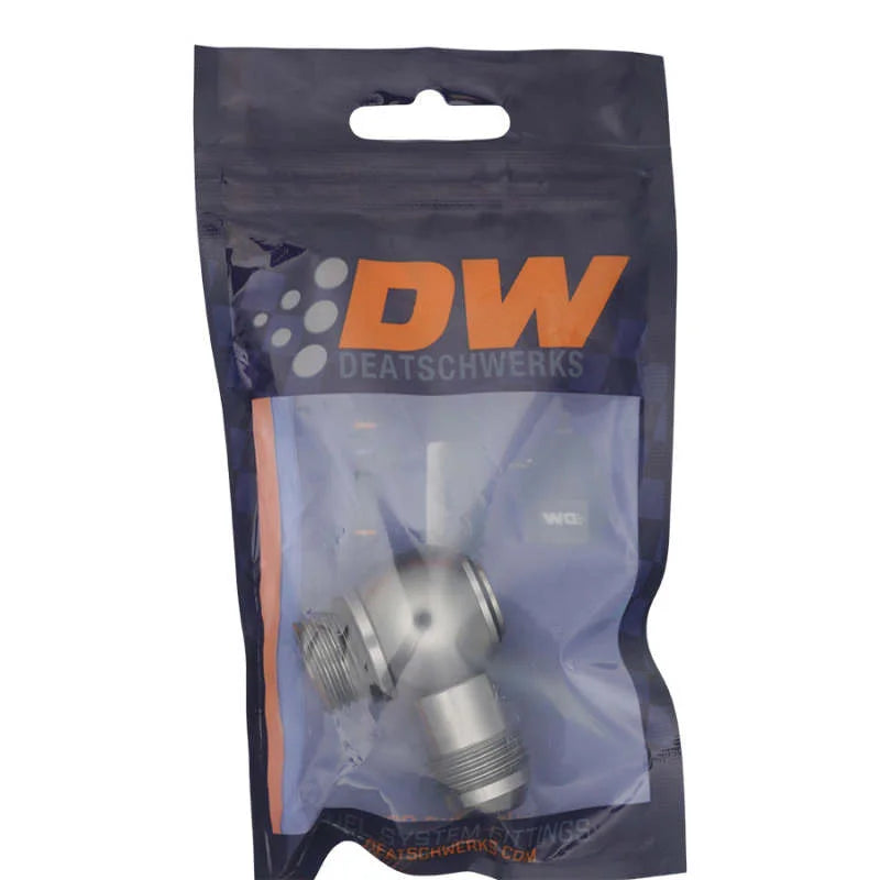 DeatschWerks 8AN ORB Male to 8AN Male Flare Low Profile 90-Degree Swivel - Anodized DW Titanium - Side View