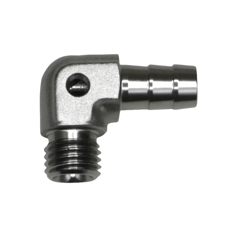 DeatschWerks Metric M12 to 3/8in Hose Barb 90-Degree Fitting w/ Venturi Port - Anodized DW Titanium - Main Product View