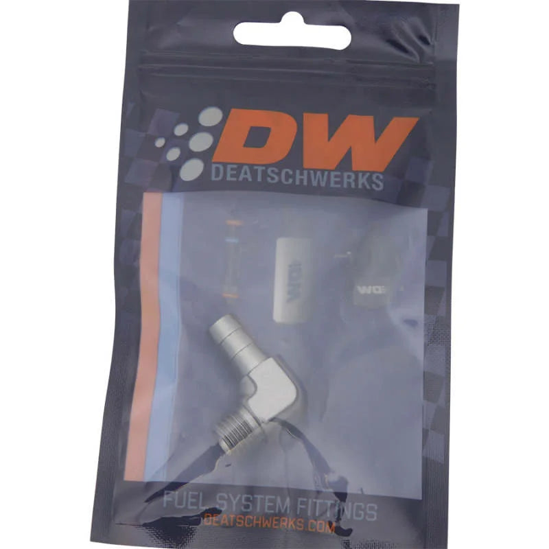 DeatschWerks Metric M12 to 3/8in Hose Barb 90-Degree Fitting w/ Venturi Port - Anodized DW Titanium - Side View