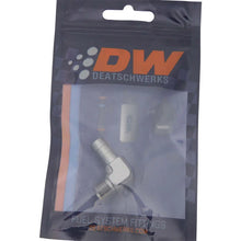 Load image into Gallery viewer, DeatschWerks Metric M12 to 3/8in Hose Barb 90-Degree Fitting w/ Venturi Port - Anodized DW Titanium - Side View
