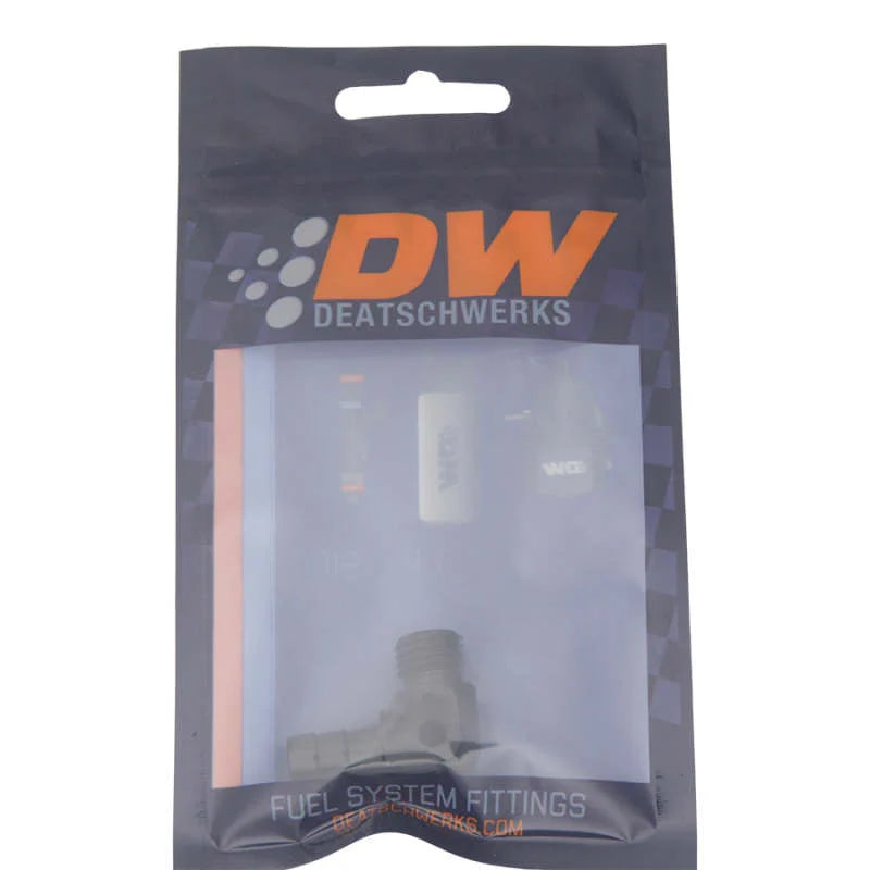 DeatschWerks Metric M12 to 3/8in Hose Barb 90-Degree Fitting w/ Venturi Port - Anodized Matte Black - Side View
