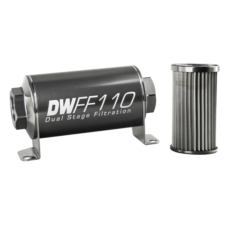 DeatschWerks Stainless Steel 10AN 10 Micron Universal Inline Fuel Filter Housing Kit (110mm) - Side View