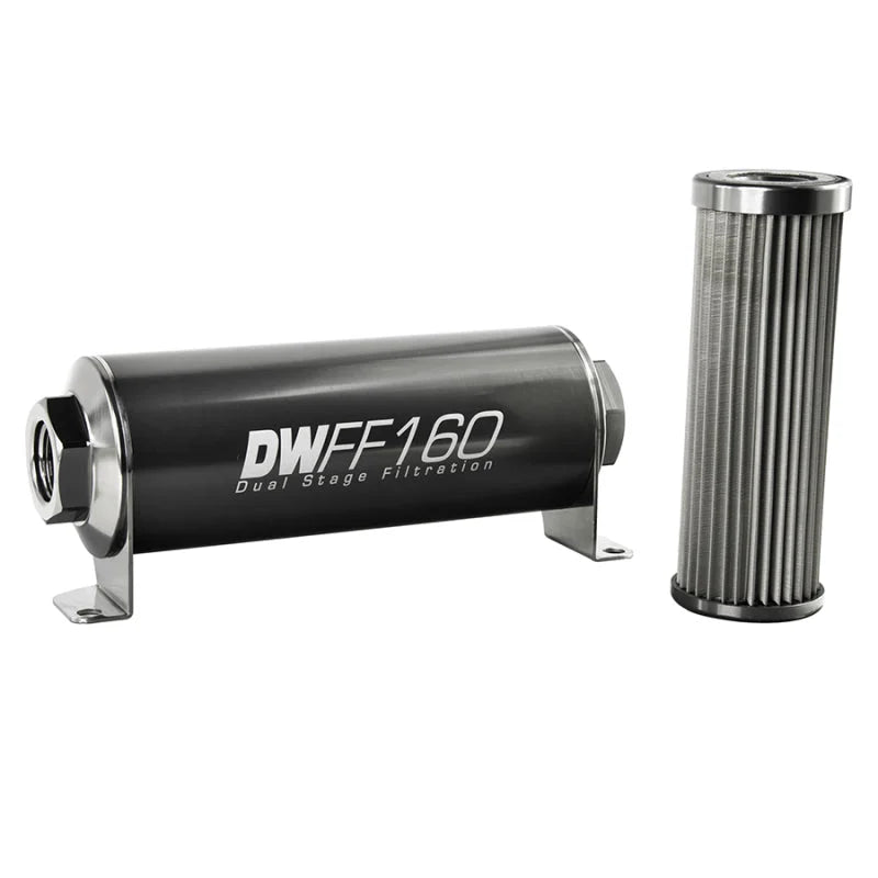 DeatschWerks Stainless Steel 10AN 10 Micron Universal Inline Fuel Filter Housing Kit (160mm) - Side View