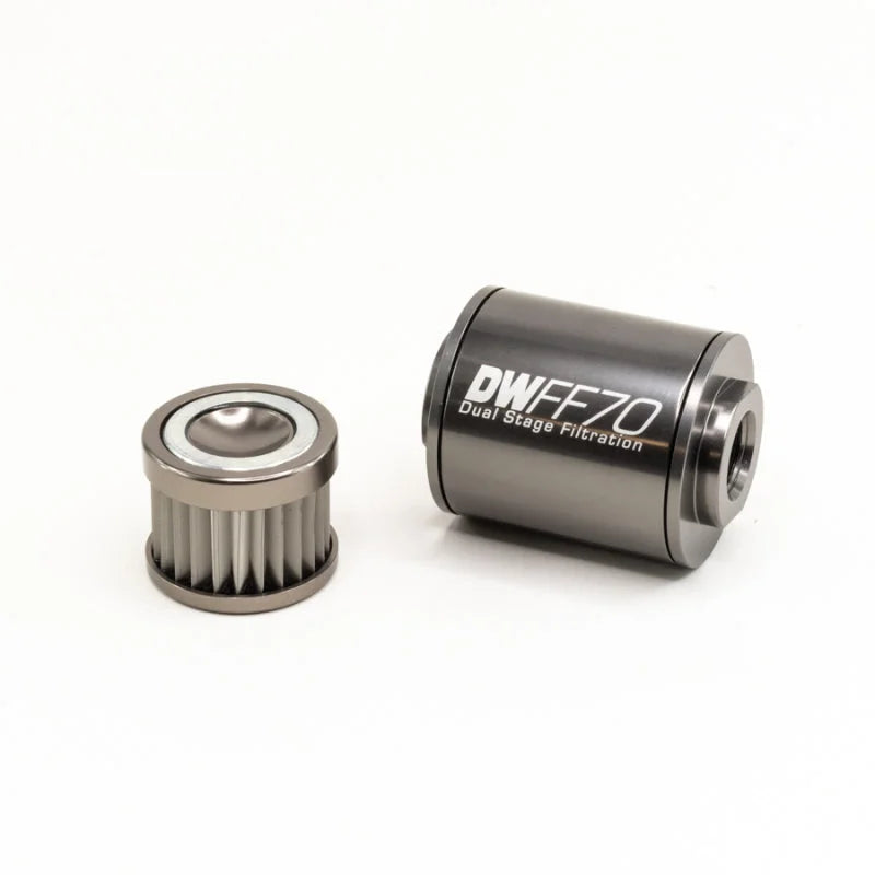 DeatschWerks Stainless Steel 10AN 10 Micron Universal Inline Fuel Filter Housing Kit (70mm) - Side View