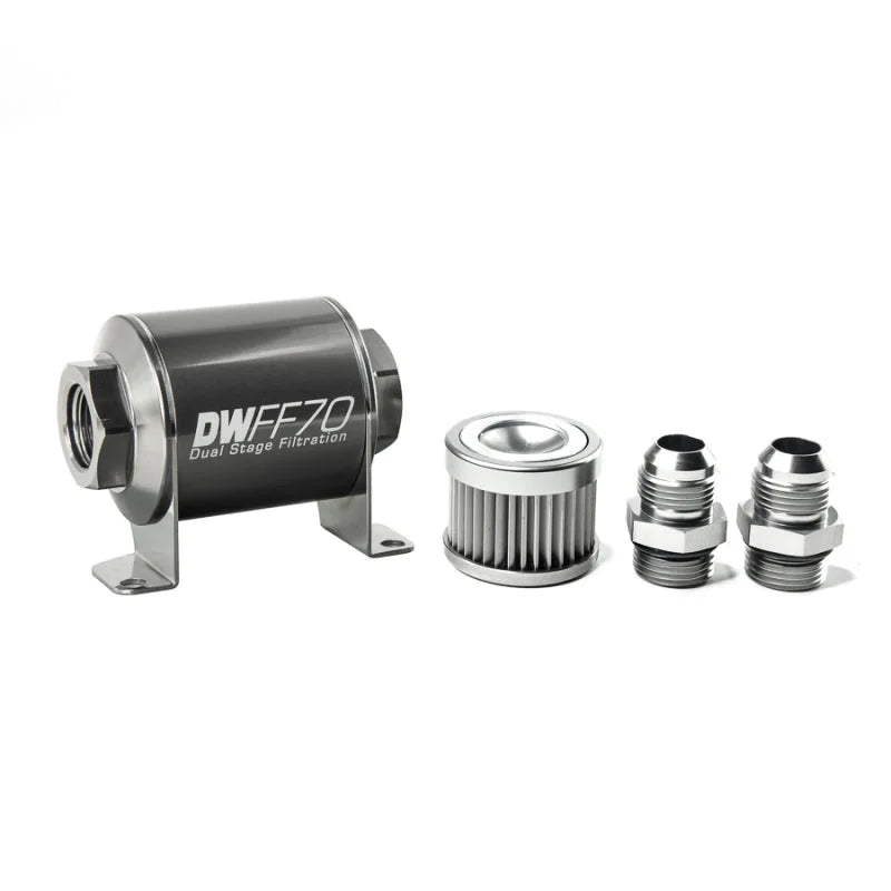 DeatschWerks Stainless Steel 10AN 10 Micron Universal Inline Fuel Filter Housing Kit (70mm) - Side View