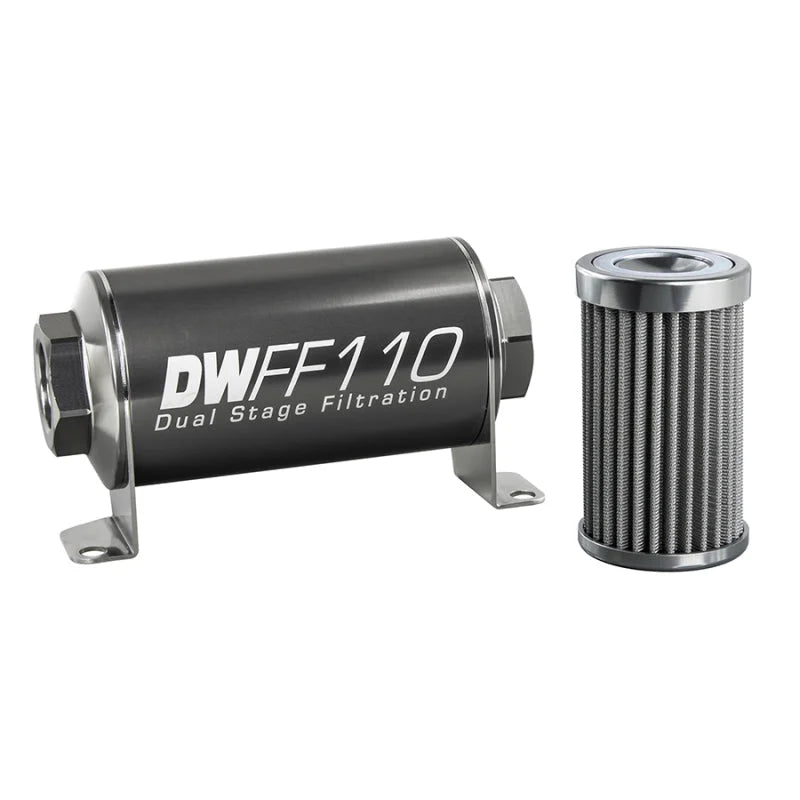 DeatschWerks Stainless Steel 10AN 100 Micron Universal Inline Fuel Filter Housing Kit (110mm) - Side View