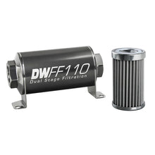 Load image into Gallery viewer, DeatschWerks Stainless Steel 10AN 100 Micron Universal Inline Fuel Filter Housing Kit (110mm) - Side View