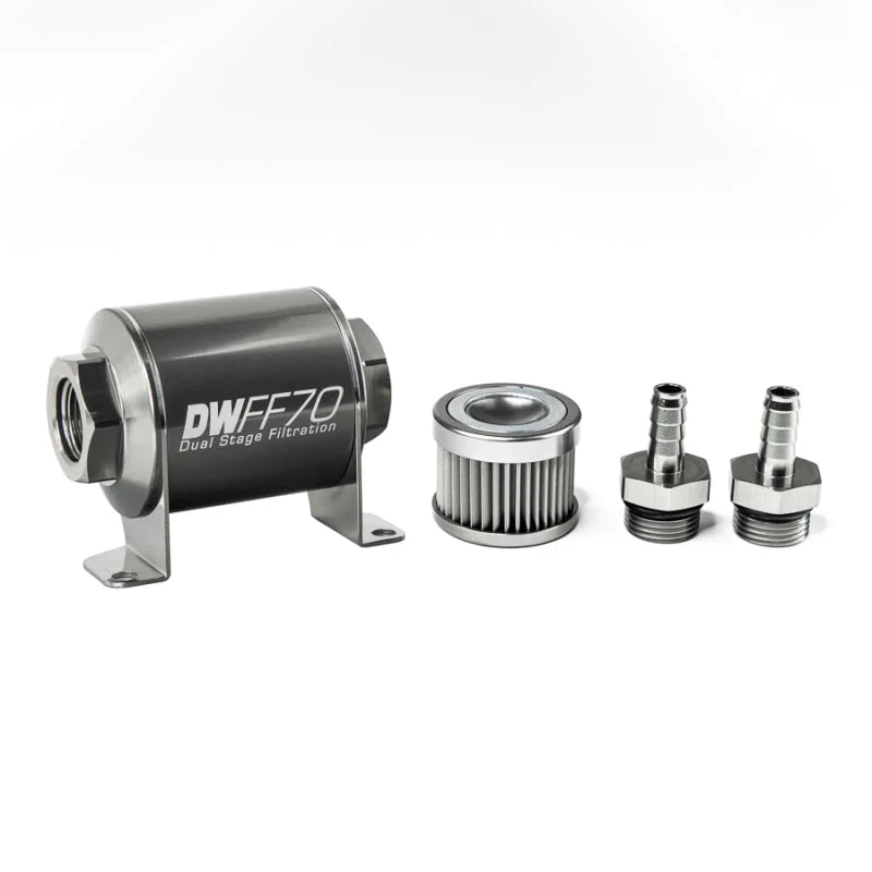 DeatschWerks Stainless Steel 3/8in 10 Micron Universal Inline Fuel Filter Housing Kit (70mm) - Side View