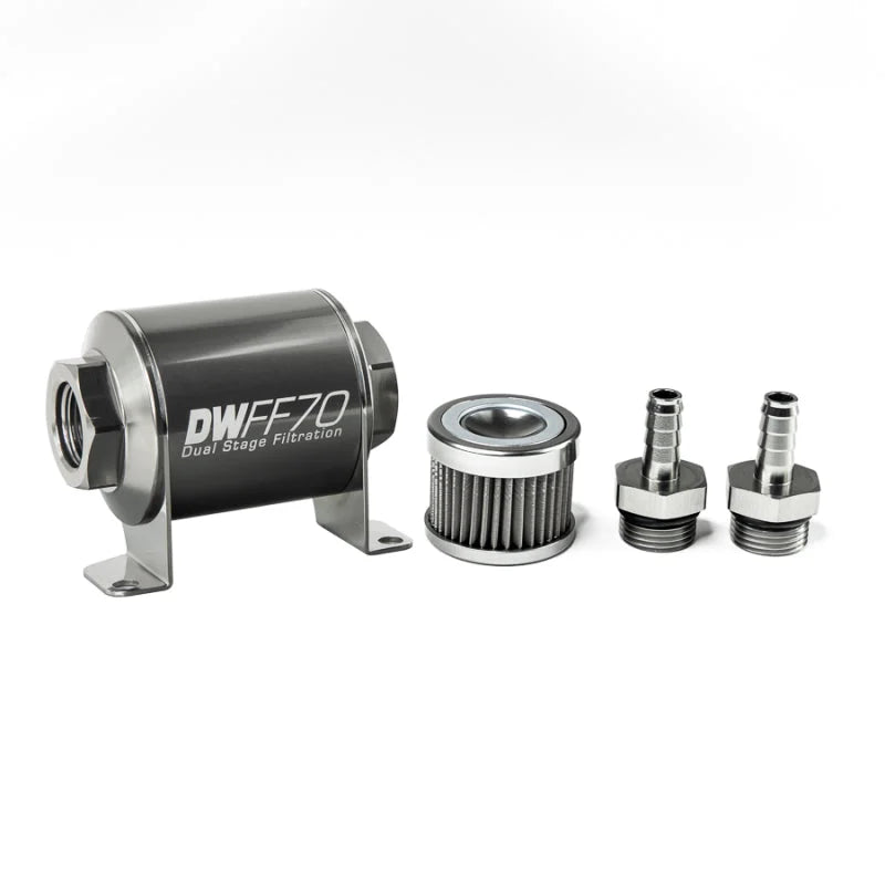 DeatschWerks Stainless Steel 3/8in 40 Micron Universal Inline Fuel Filter Housing Kit (70mm) - Side View