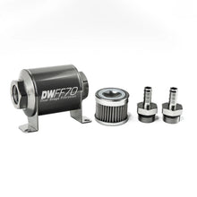 Load image into Gallery viewer, DeatschWerks Stainless Steel 3/8in 40 Micron Universal Inline Fuel Filter Housing Kit (70mm) - Side View