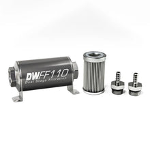 Load image into Gallery viewer, DeatschWerks Stainless Steel 5/16in 10 Micron Universal Inline Fuel Filter Housing Kit (110mm)
