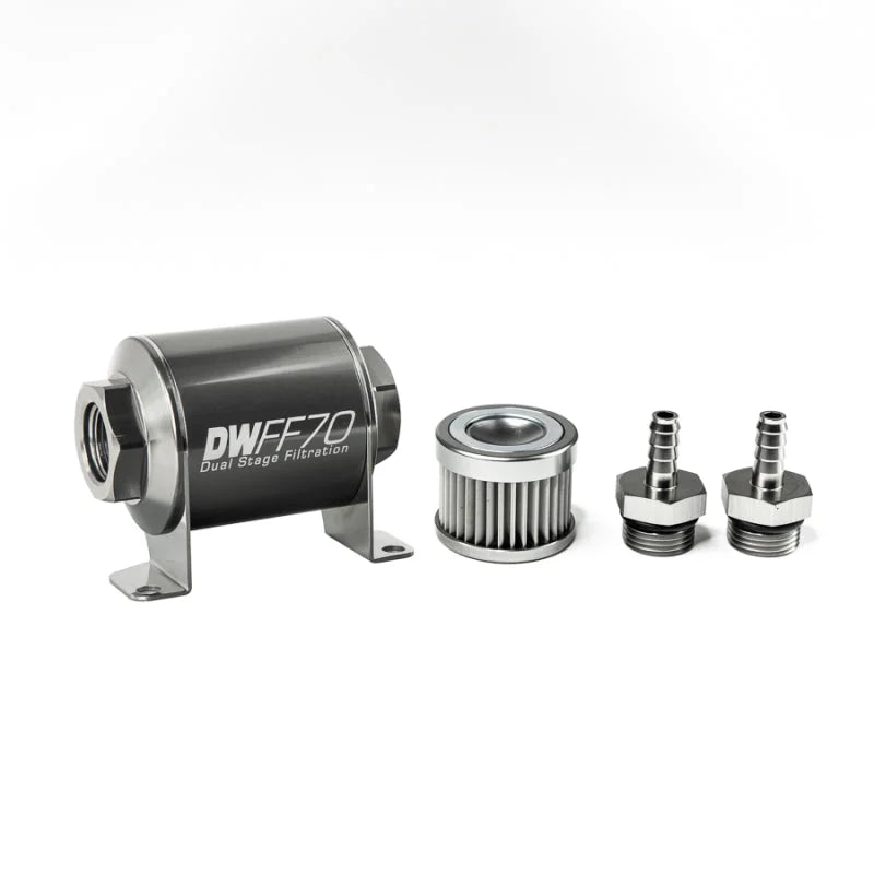 DeatschWerks Stainless Steel 5/16in 10 Micron Universal Inline Fuel Filter Housing Kit (70mm) - Side View