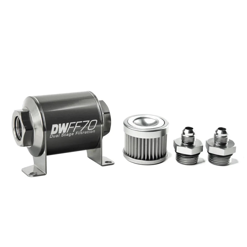 DeatschWerks Stainless Steel 6AN 10 Micron Universal Inline Fuel Filter Housing Kit (70mm) - Side View