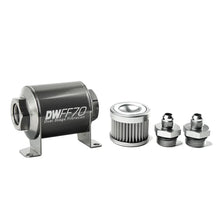 Load image into Gallery viewer, DeatschWerks Stainless Steel 6AN 10 Micron Universal Inline Fuel Filter Housing Kit (70mm) - Side View