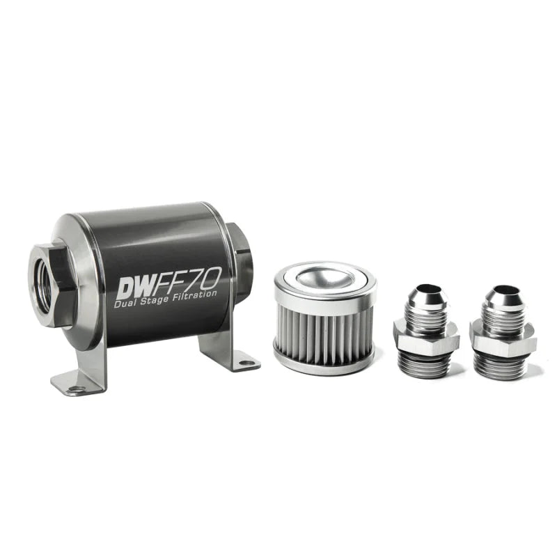 DeatschWerks Stainless Steel 8AN 10 Micron Universal Inline Fuel Filter Housing Kit (70mm) - Side View