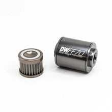 Load image into Gallery viewer, DeatschWerks Stainless Steel 8AN 100 Micron Universal Inline Fuel Filter Housing Kit (70mm) - Side View