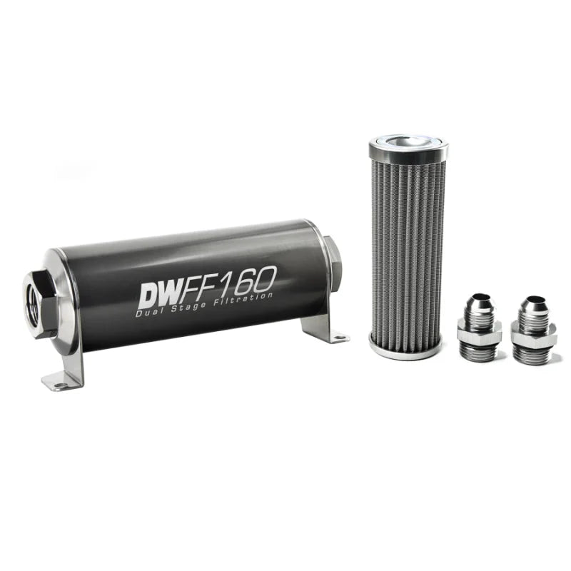 DeatschWerks Stainless Steel 8AN 100 Micron Universal Inline Fuel Filter Housing Kit (160mm) - Side View