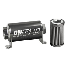 Load image into Gallery viewer, DeatschWerks Stainless Steel 8AN 40 Micron Universal Inline Fuel Filter Housing Kit (110mm) - Side View