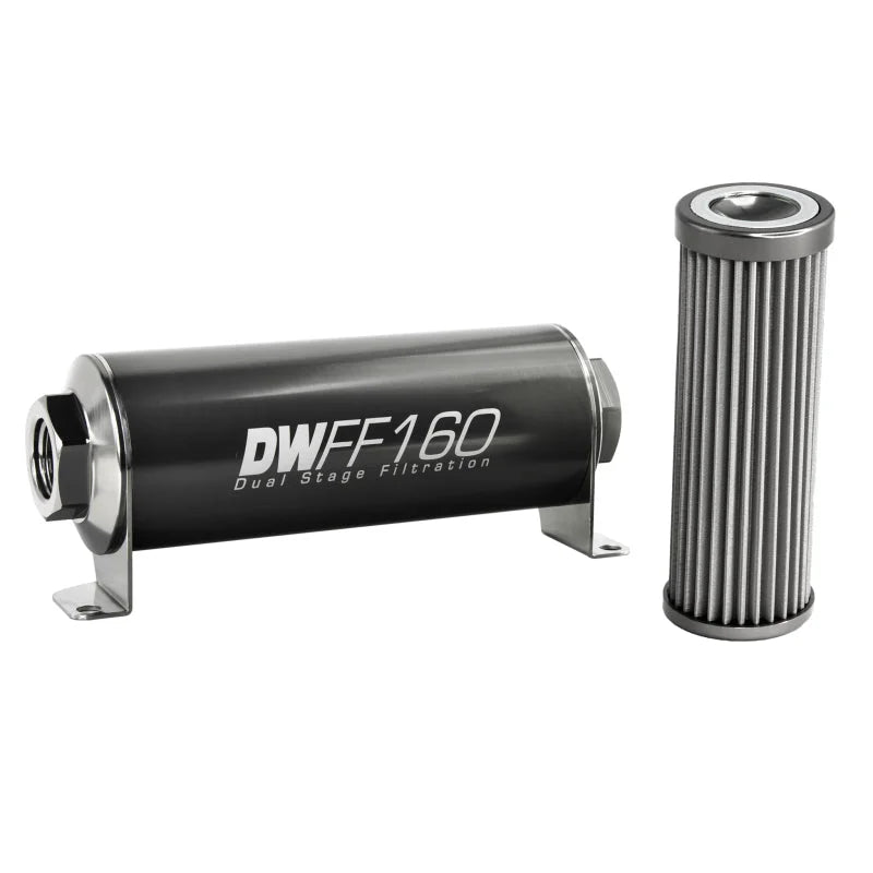 DeatschWerks Stainless Steel 8AN 40 Micron Universal Inline Fuel Filter Housing Kit (160mm) - Side View