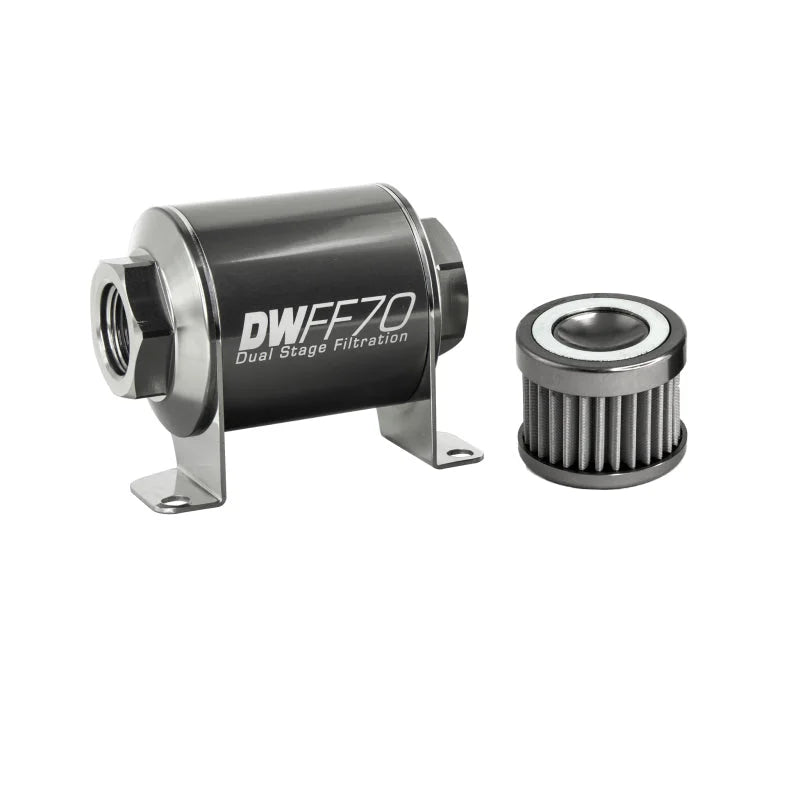 DeatschWerks Stainless Steel 8AN 40 Micron Universal Inline Fuel Filter Housing Kit (70mm) - Side View