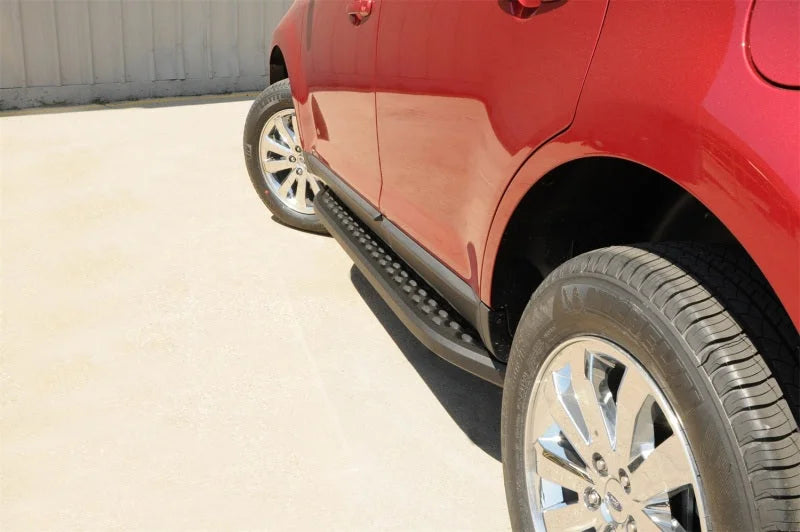 Deezee Universal Running Board Universal Cross Utility Vehicle NXc (Stainless Top w Blk Trim) - Back View