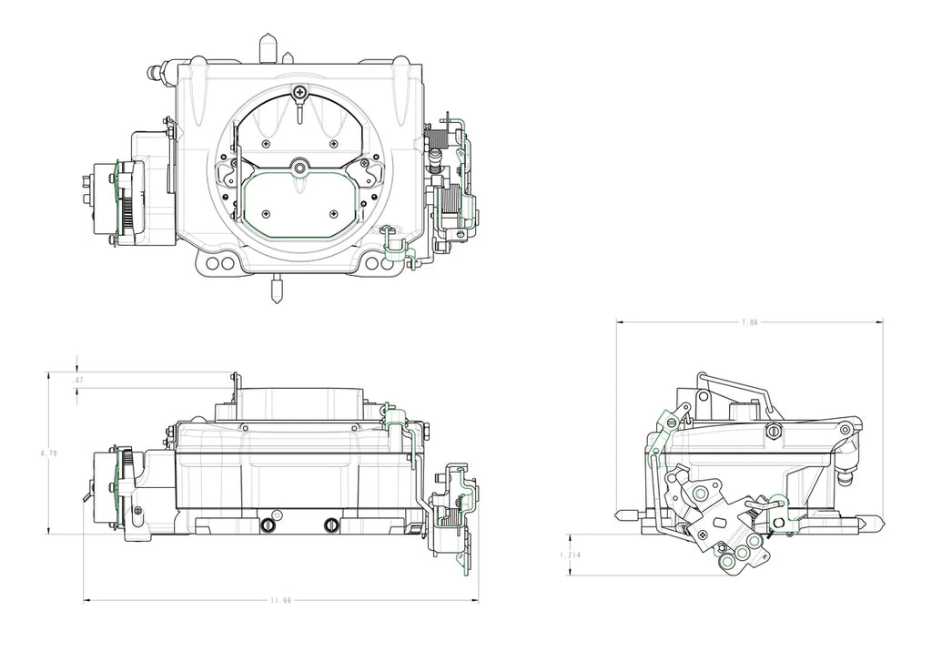 Demon Fuel Systems 625 CFM - Street Demon - Vacuum Secondaries - Shiny - Gasoline fits Demon - Dimension Reference