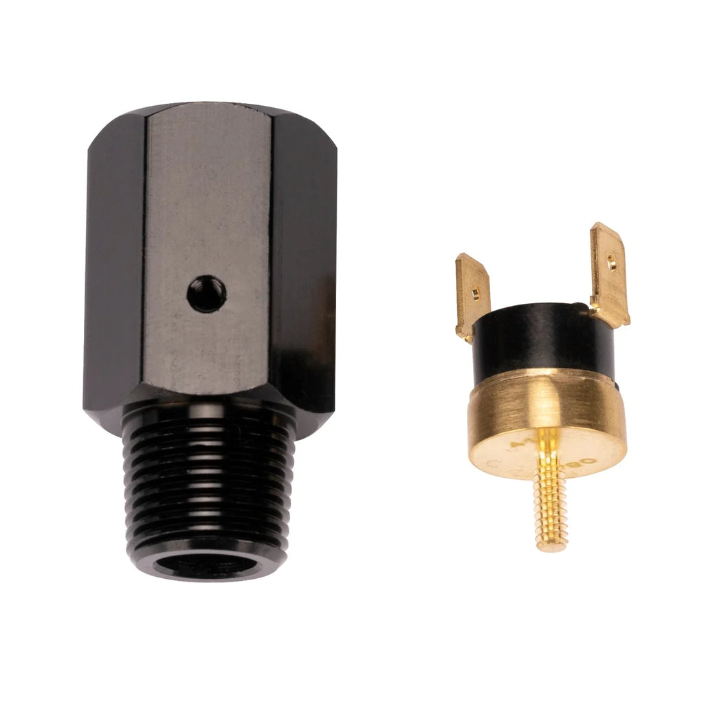 Derale 190° F Inline thermal switch. 3/8" NPT Black Anodized. 35030 - Main Product View
