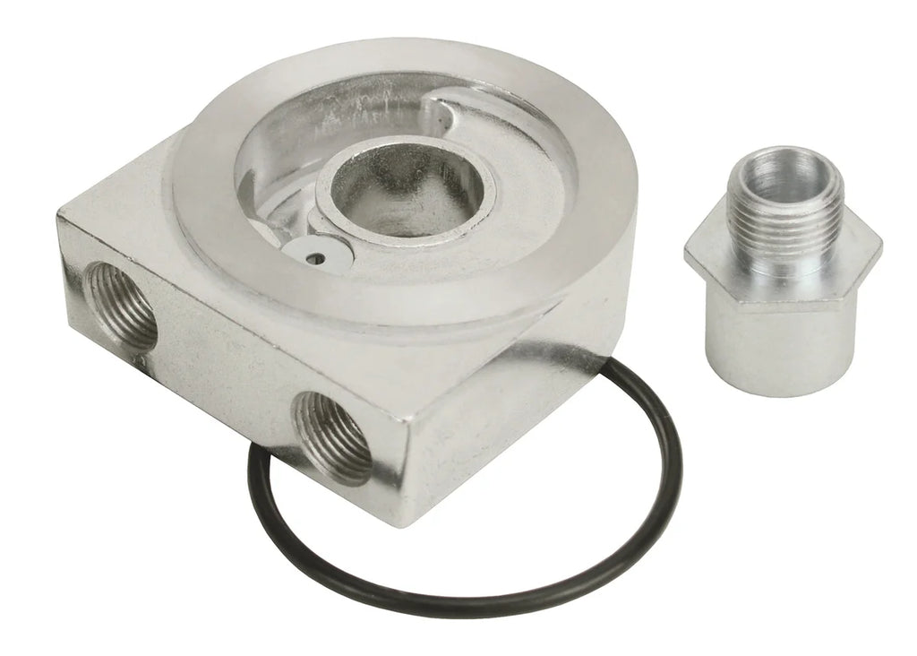 Derale Low Profile Pressure relief Sandwich Adapter w/ 3/8" NPT Ports & 3/4"-16 Thread - Side View