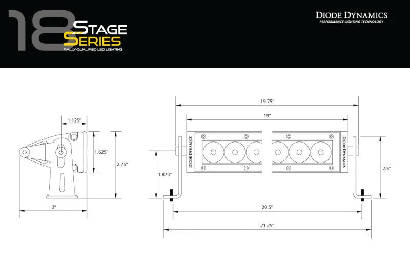Diode Dynamics 18 In LED Light Bar Single Row Straight - Amber Combo Each Stage Series - Side View