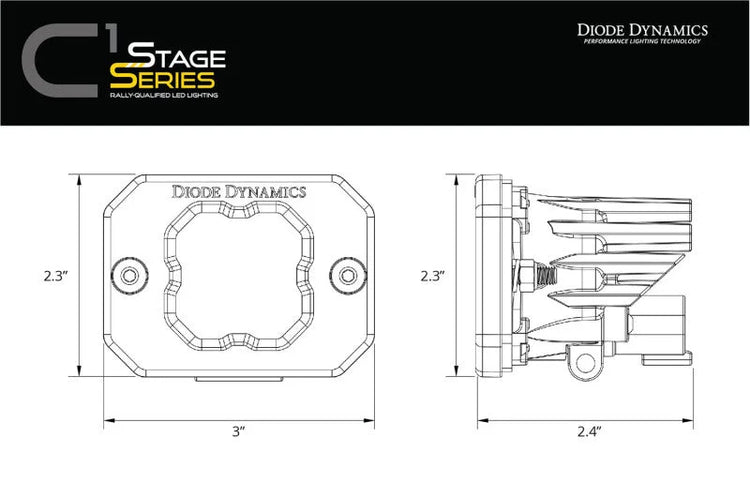 Diode Dynamics Stage Series C1 LED Pod Sport - Yellow Flood Flush ABL Each - Side View