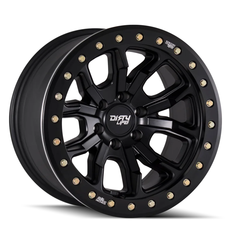 Dirty Life 9303 DT-1 17x9 / 5x139.7 BP / -38mm Offset / 108mm Hub Matte Black Wheel - Beadlock - Side View